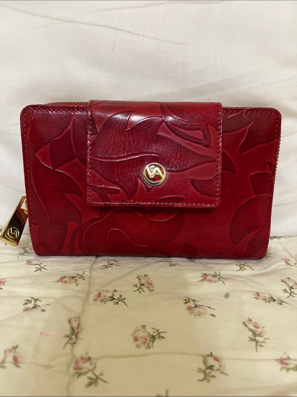 Valentina Red Embossed Leather Zip Wallet